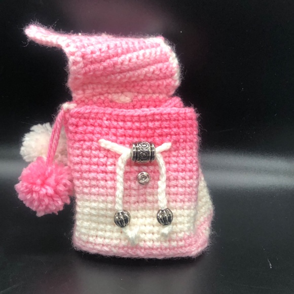 Bubblegum Pink & White Crochet Mini Backpack Keychain w/ Pom Poms, Heart Button - Picture 10 of 14